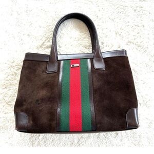 Gucci Brown Suede Tote with Green and Red Stripe